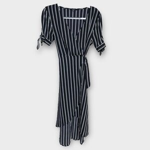 Blashe Black and White Asymmetrical Wrap Dress with Puff Sleeves
